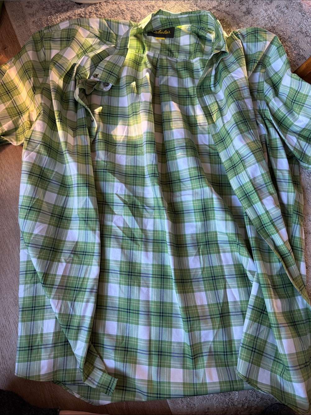 Cabela's Men's Light Green and White Plaid Button-Down Shirt
